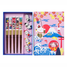 5 Pair Chopsticks with Neko Cat Rests Gift Set